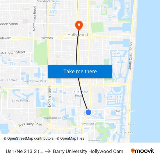 Us1/Ne 213 S (S) to Barry University Hollywood Campus map