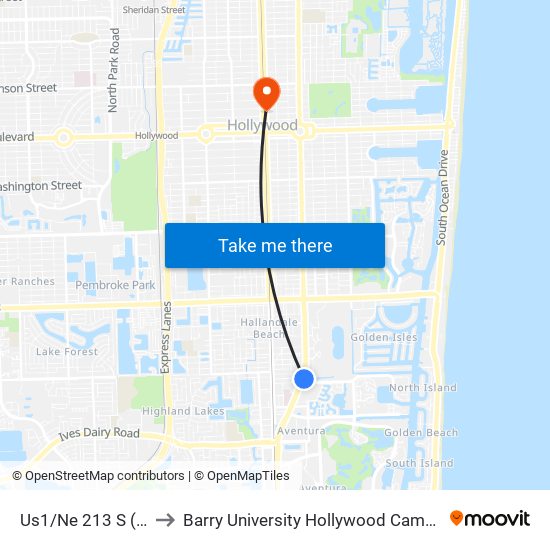 Us1/Ne 213 S (N) to Barry University Hollywood Campus map