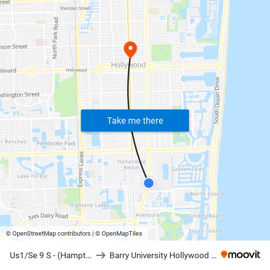 Us1/Se 9 S - (Hampton Inn) to Barry University Hollywood Campus map