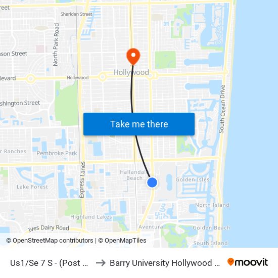 Us1/Se 7 S - (Post Office) to Barry University Hollywood Campus map