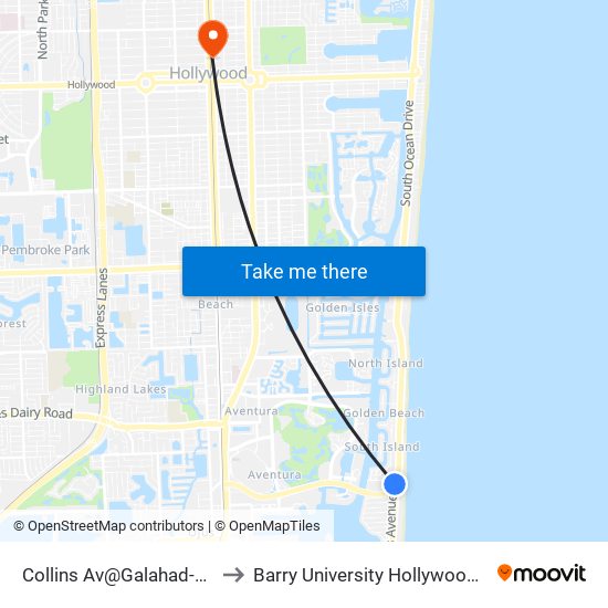 Collins Av@Galahad-Dade Bd to Barry University Hollywood Campus map