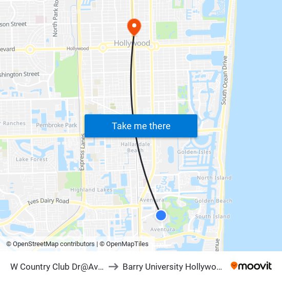 W Country Club Dr@Aventura Bd to Barry University Hollywood Campus map