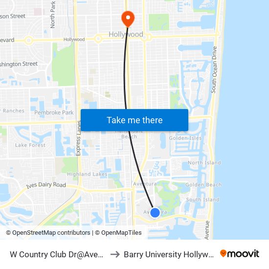 W Country Club Dr@Aventura Mall Ent to Barry University Hollywood Campus map