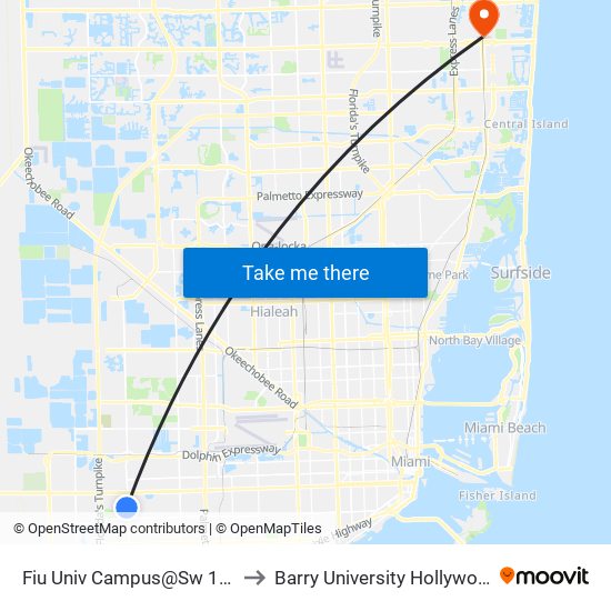 Fiu Univ Campus@Sw 107 Av-17 St to Barry University Hollywood Campus map