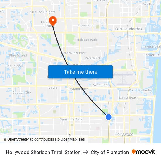 Hollywood Sheridan Trirail Station to City of Plantation map