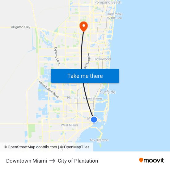 Downtown Miami to City of Plantation map