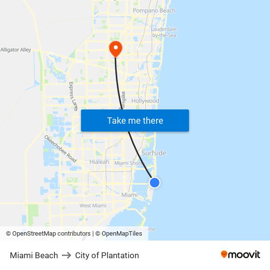 Miami Beach to City of Plantation map