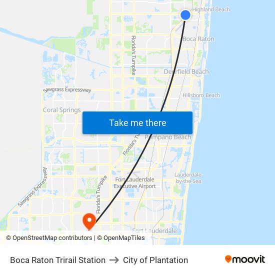 Boca Raton Trirail Station to City of Plantation map