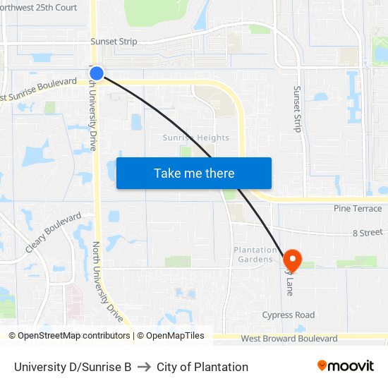 University D/Sunrise B to City of Plantation map