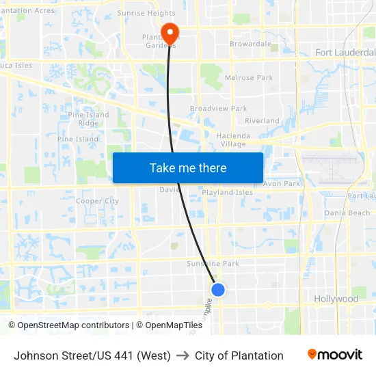 Johnson Street/US 441 (West) to City of Plantation map