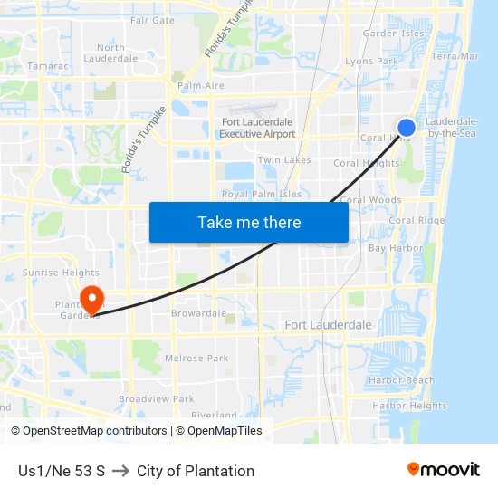 Us1/Ne 53 S to City of Plantation map