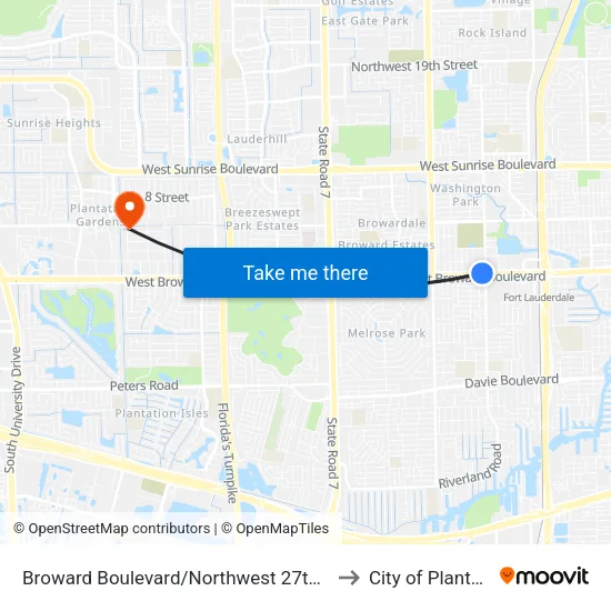 Broward Boulevard/Northwest 27th Avenue to City of Plantation map