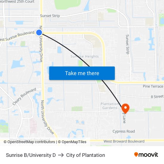 SUNRISE B/UNIVERSITY D to City of Plantation map