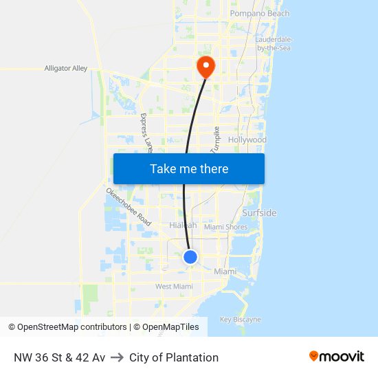 NW 36 St & 42 Av to City of Plantation map