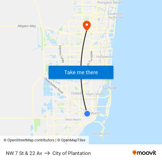 NW 7 St & 22 Av to City of Plantation map