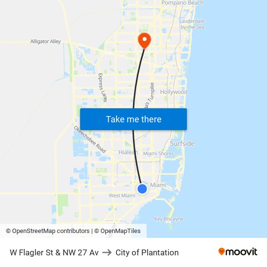 W Flagler St & NW 27 Av to City of Plantation map