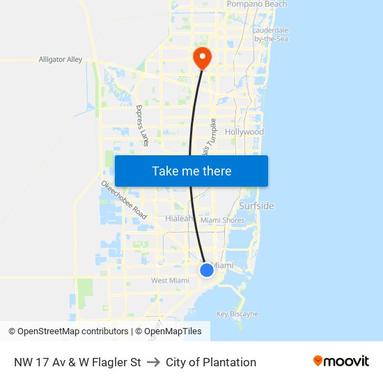 NW 17 Av & W Flagler St to City of Plantation map