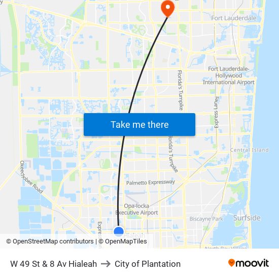 W 49 St & 8 Av Hialeah to City of Plantation map