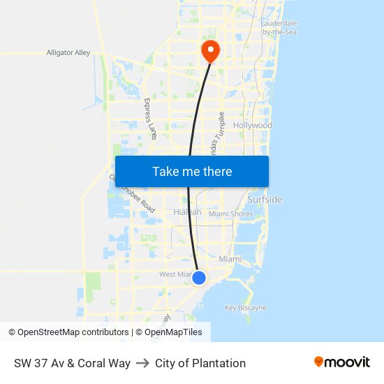 SW 37 Av & Coral Way to City of Plantation map