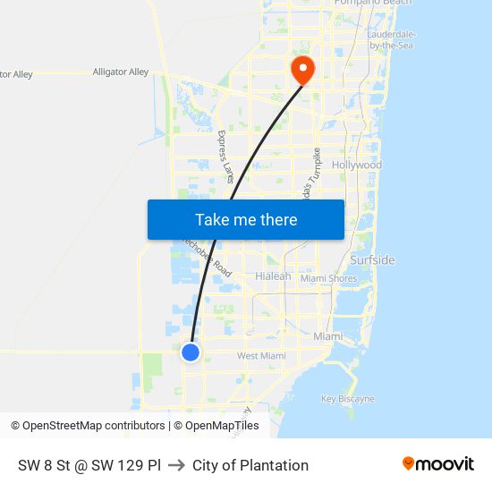 SW 8 St @ SW 129 Pl to City of Plantation map