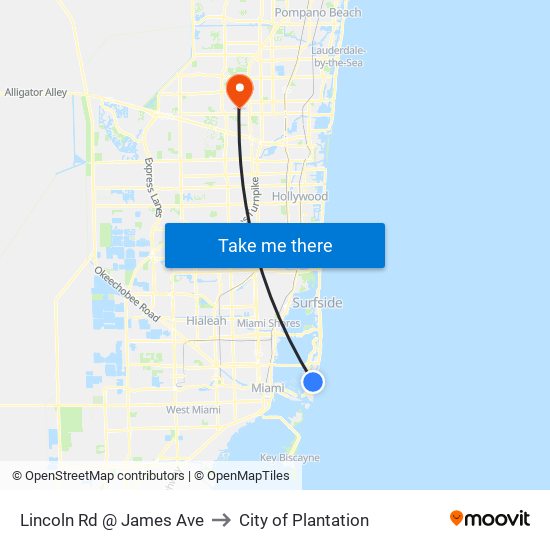 Lincoln Rd @ James Ave to City of Plantation map