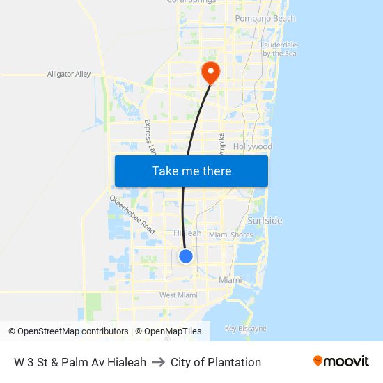 W 3 St & Palm Av Hialeah to City of Plantation map