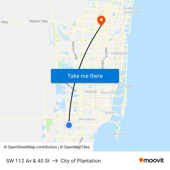 SW 112 Av & 40 St to City of Plantation map