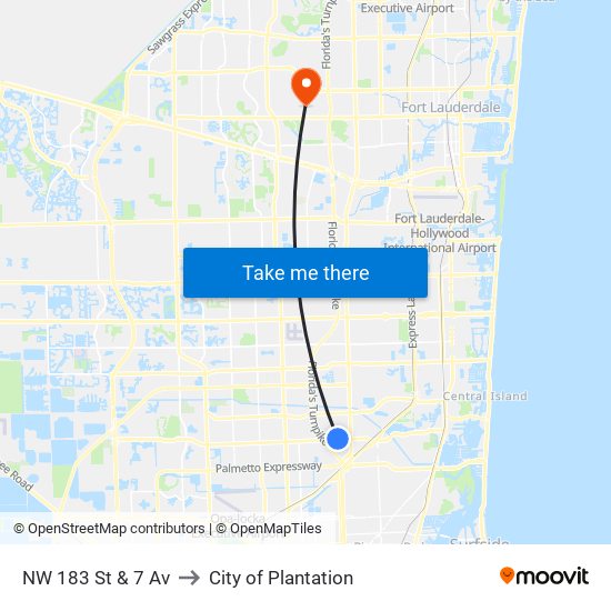 NW 183 St & 7 Av to City of Plantation map