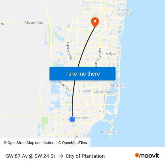 SW 87 Av @ SW 24 St to City of Plantation map