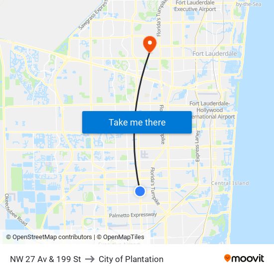 NW 27 Av & 199 St to City of Plantation map