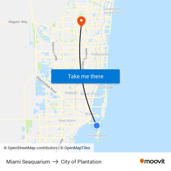 Miami Seaquarium to City of Plantation map