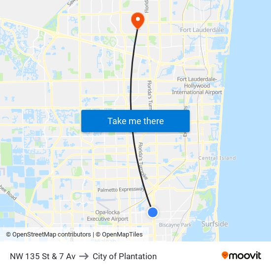 NW 135 St & 7 Av to City of Plantation map