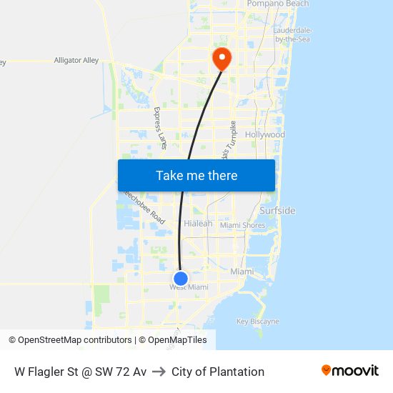 W Flagler St @ SW 72 Av to City of Plantation map