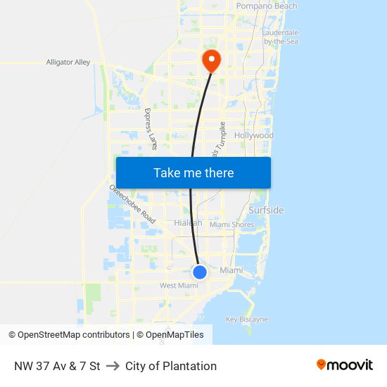 NW 37 Av & 7 St to City of Plantation map