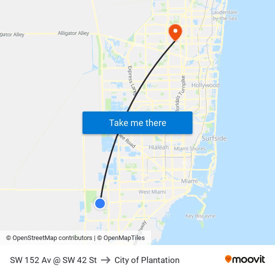 SW 152 Av @ SW 42 St to City of Plantation map