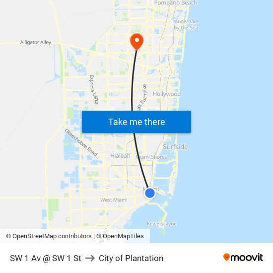 SW 1 Av @ SW 1 St to City of Plantation map