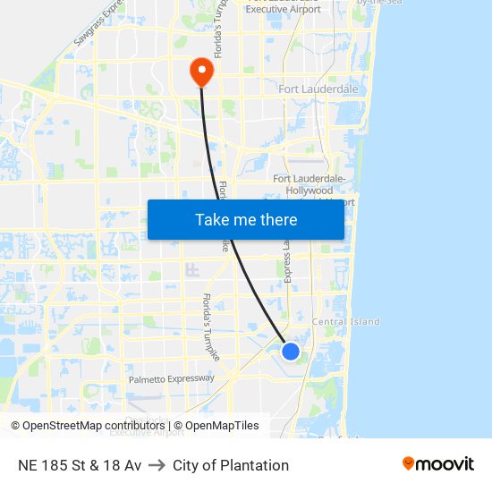 NE 185 St & 18 Av to City of Plantation map