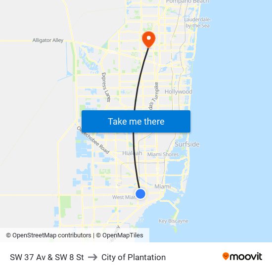 SW 37 Av & SW 8 St to City of Plantation map