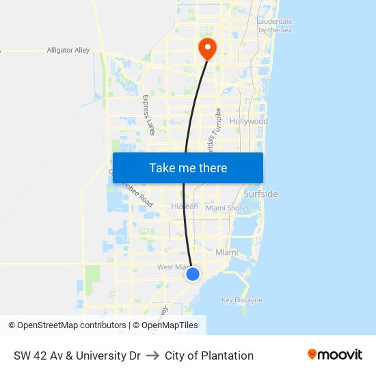 SW 42 Av & University Dr to City of Plantation map