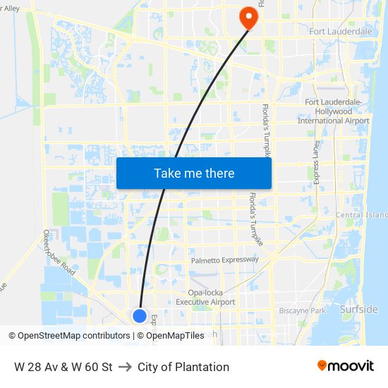 W 28 Av & W 60 St to City of Plantation map