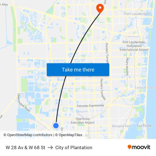 W 28 Av & W 68 St to City of Plantation map