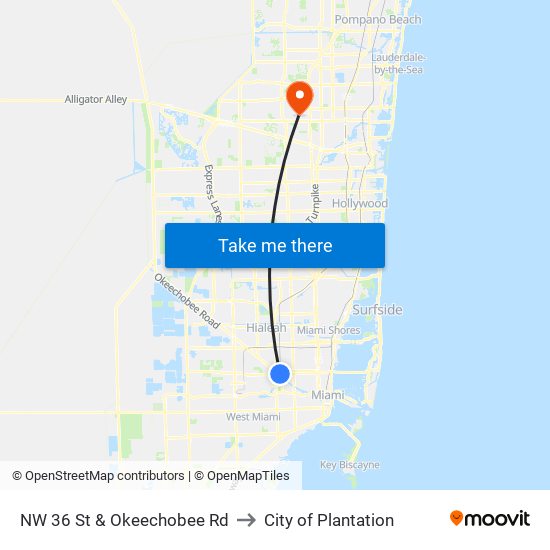 NW 36 St & Okeechobee Rd to City of Plantation map