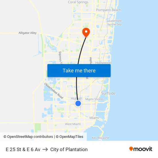 E 25 St & E 6 Av to City of Plantation map