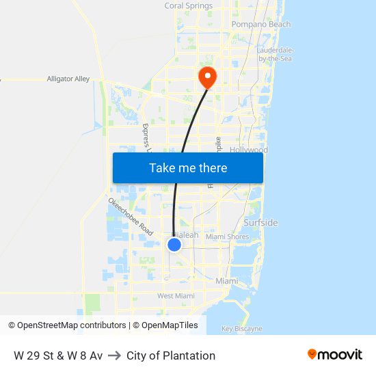 W 29 St & W 8 Av to City of Plantation map