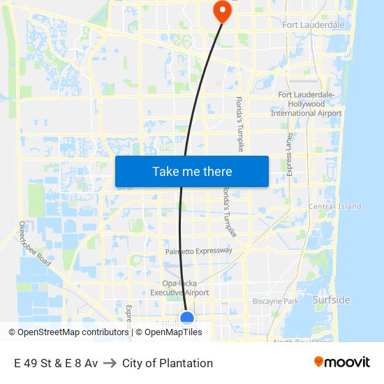 E 49 St & E 8 Av to City of Plantation map