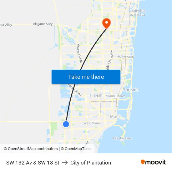 SW 132 Av & SW 18 St to City of Plantation map