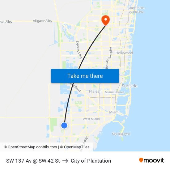 SW 137 Av @ SW 42 St to City of Plantation map