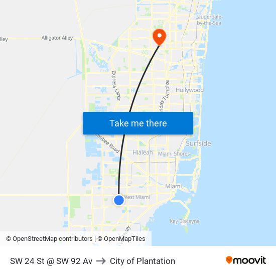 SW 24 St @ SW 92 Av to City of Plantation map