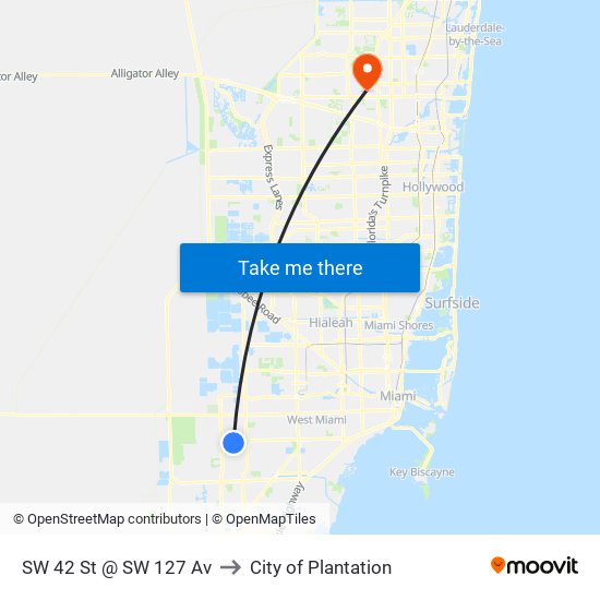 SW 42 St @ SW 127 Av to City of Plantation map