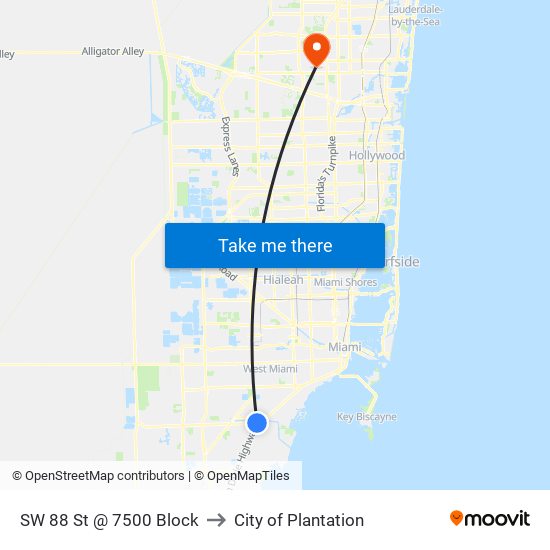 SW 88 St @ 7500 Block to City of Plantation map